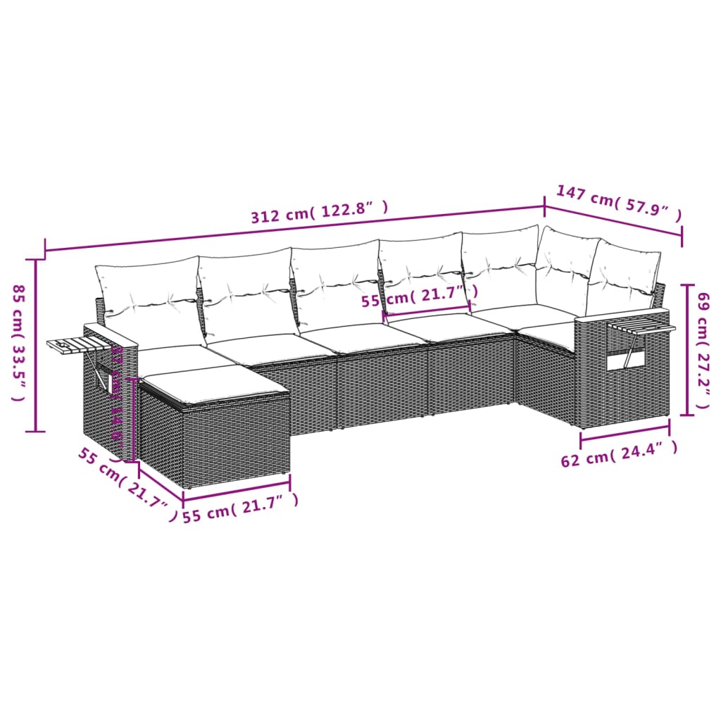 vidaXL 7-dijelni set vrtnih sofa od poliratana s jastucima crni