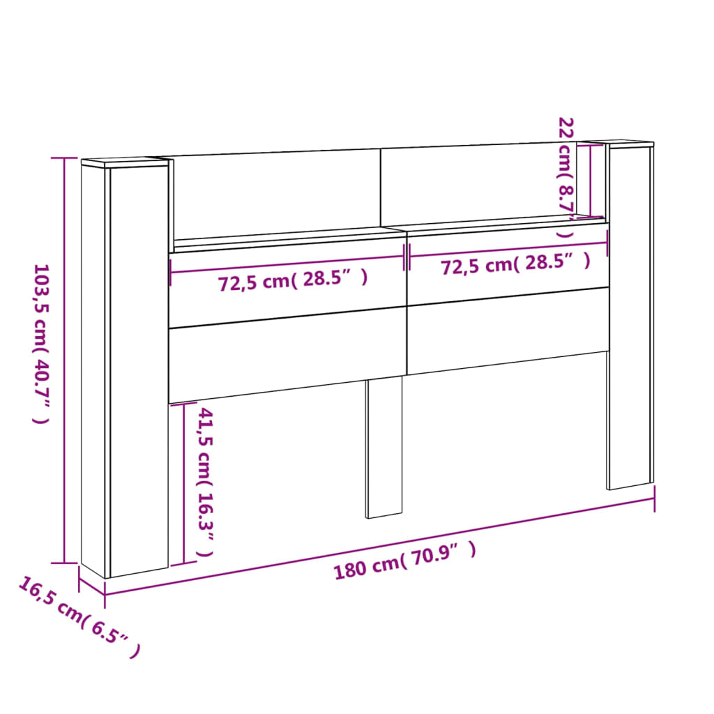 vidaXL Ormarić za uzglavlje LED sivom sonomom 180x16,5x103,5 cm