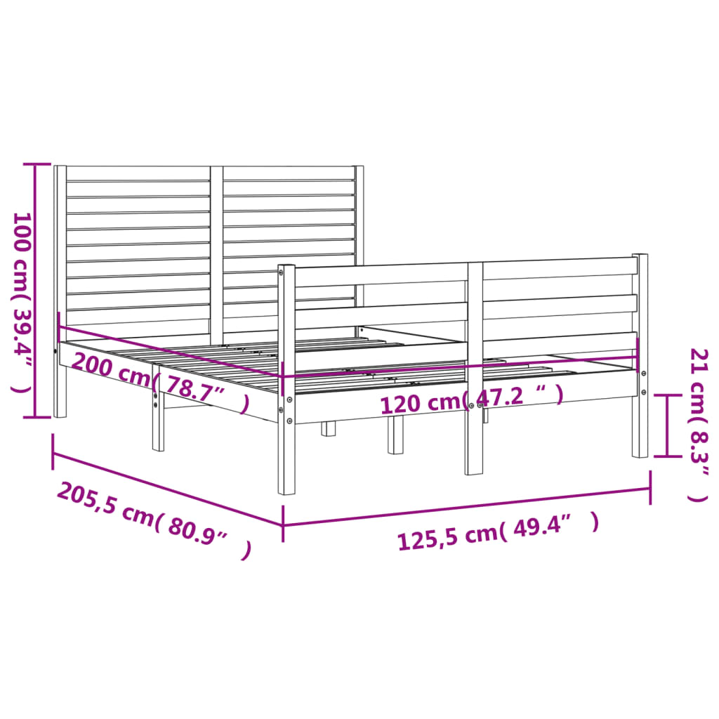 vidaXL Okvir za krevet s uzglavljem crna 120x200cm od masivnog drva