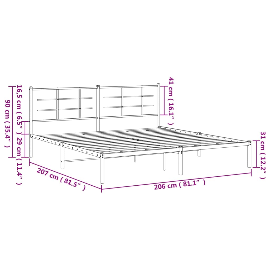 vidaXL Metalni okvir za krevet s uzglavljem bijeli 200x200 cm