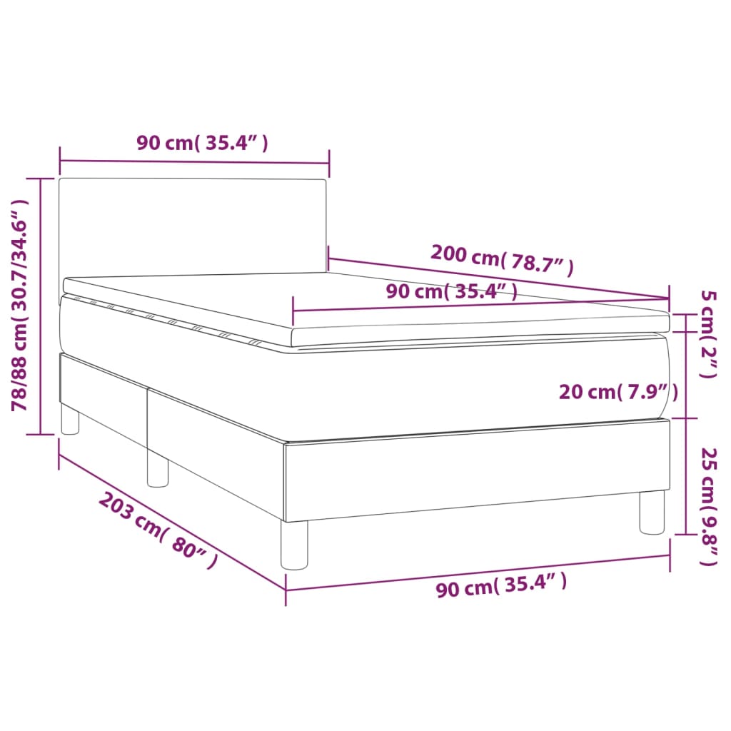 vidaXL Krevet box spring s madracem LED sivi 90x200 cm od umjetne kože