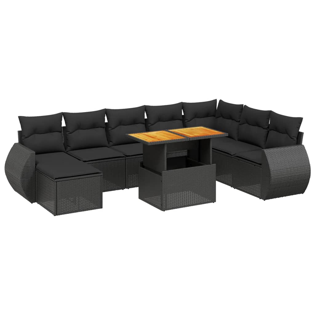 vidaXL 9-dijelni set vrtnih sofa s jastucima crni od poliratana