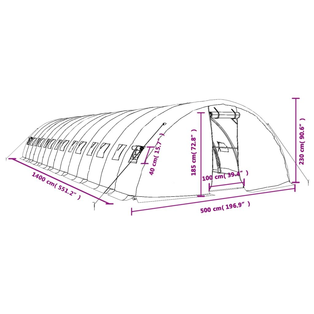 vidaXL Staklenik s čeličnim okvirom bijeli 70 m² 14 x 5 x 2,3 m