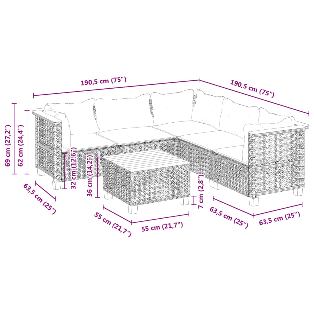 vidaXL 6-dijelni set vrtnih sofa s jastucima crni od poliratana