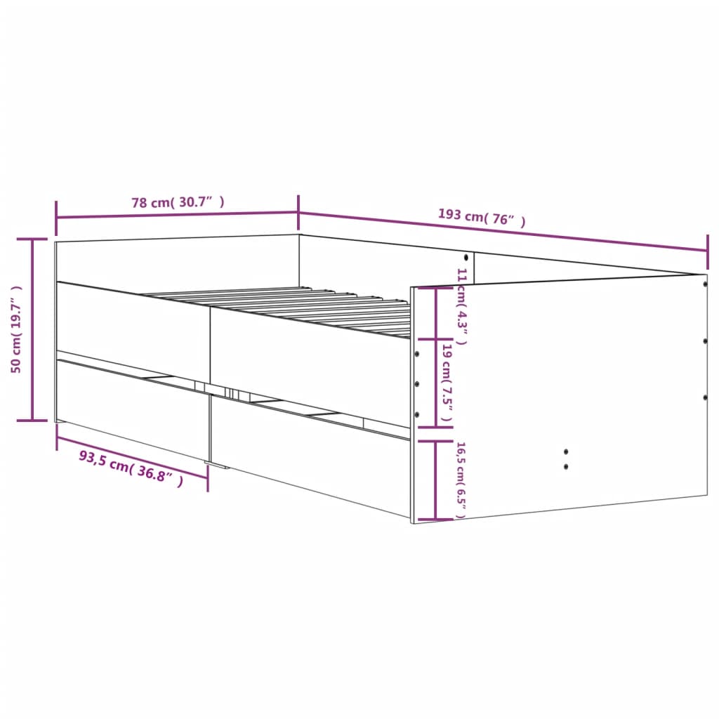 vidaXL Okvir kreveta s ladicama boja hrasta 75 x 190 cm za jednu osobu