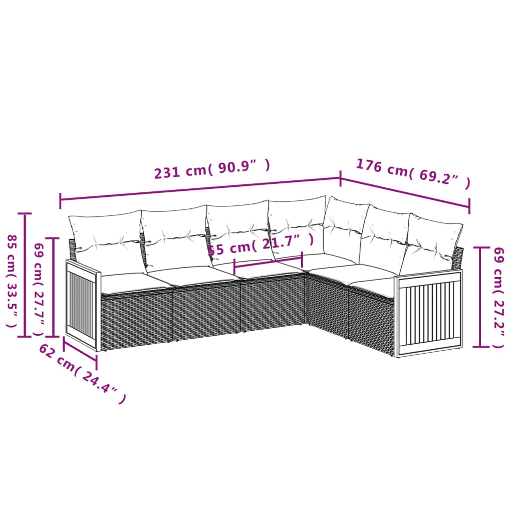 vidaXL 6-dijelni set vrtnih sofa s jastucima crni od poliratana