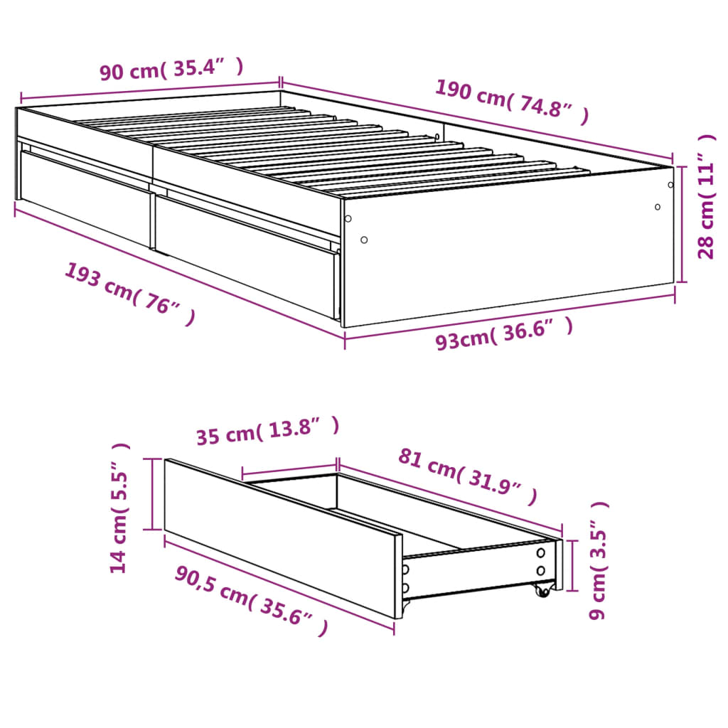 vidaXL Okvir kreveta s ladicama boja dimljenog hrasta 90x190 cm drveni