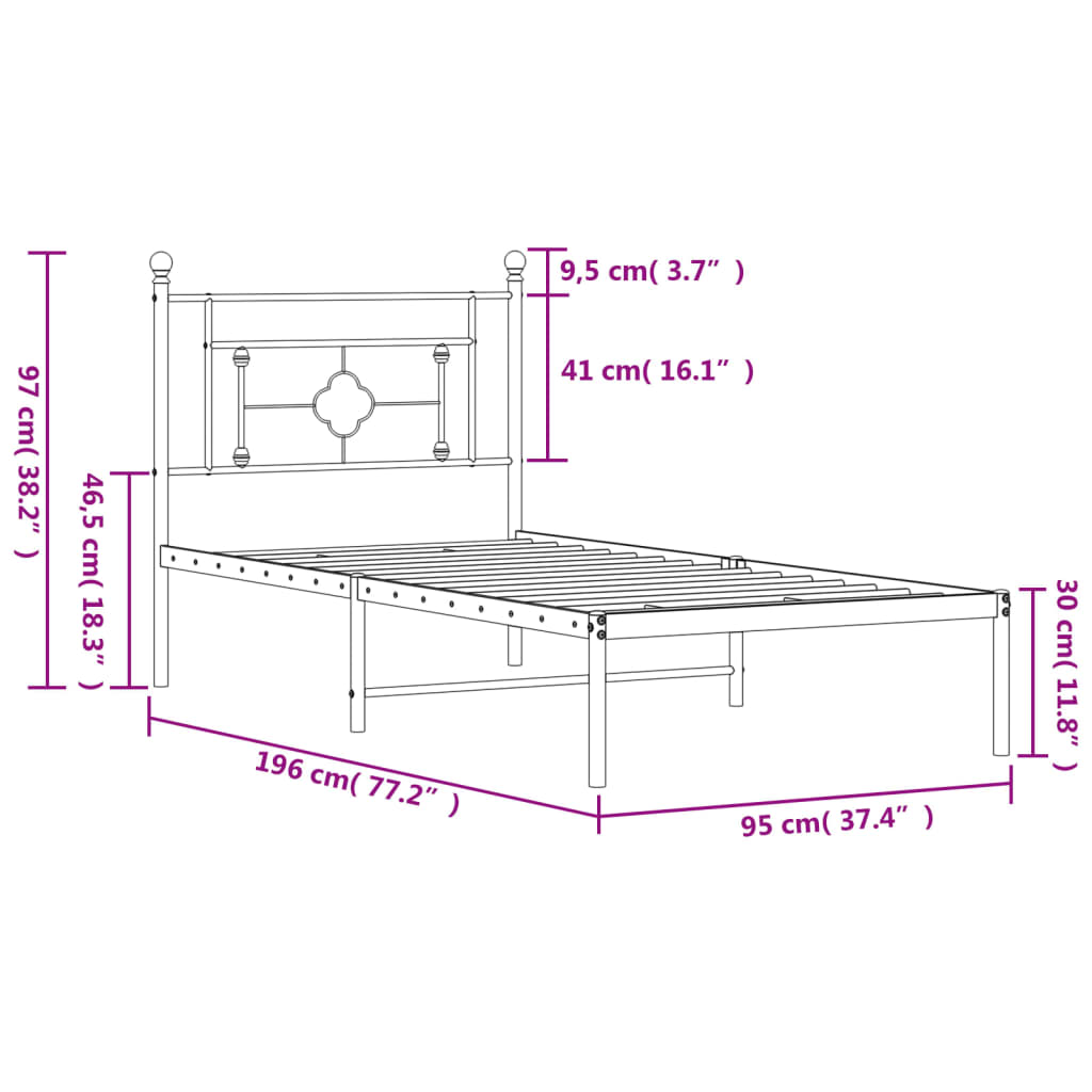 vidaXL Metalni okvir za krevet s uzglavljem crni 90x190 cm