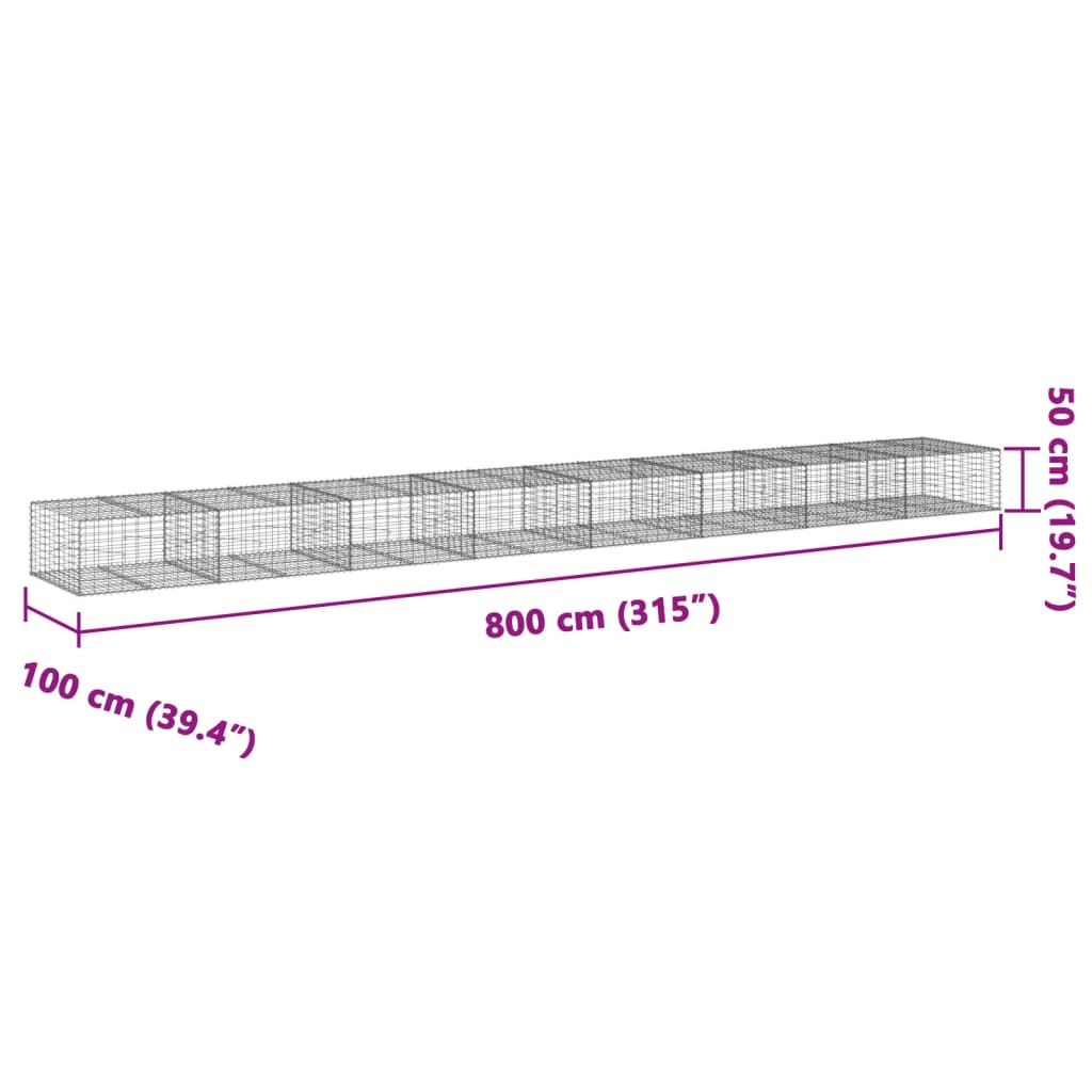 vidaXL Gabionska košara s poklopcem 800x100x50 cm pocinčano željezo