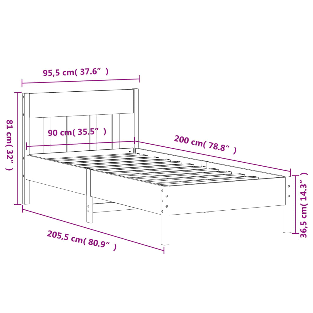 vidaXL Okvir kreveta bez madraca 90 x 200 cm od masivne borovine