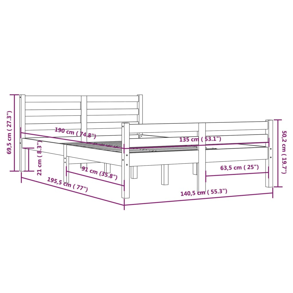 vidaXL Okvir za krevet od masivnog drva 135 x 190 cm 4FT6 bračni