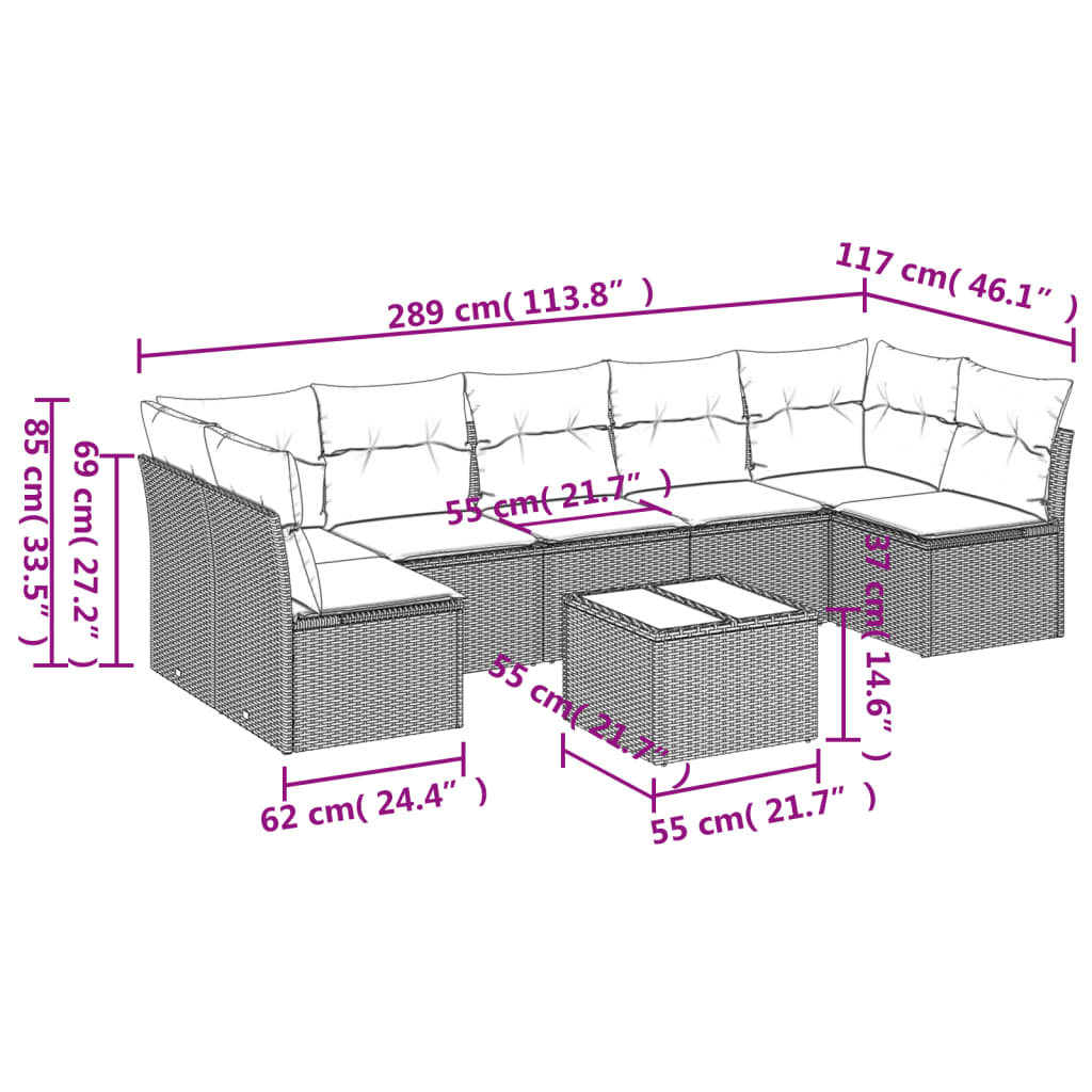 vidaXL 8-dijelni set vrtnih sofa od poliratana s jastucima sivi