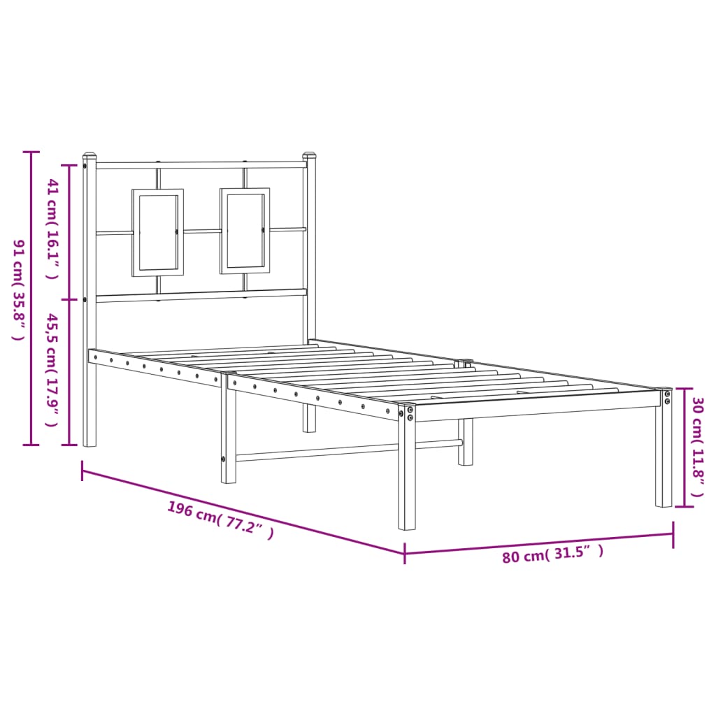 vidaXL Metalni okvir krevet bez madraca s uzglavljem bijeli 75x190 cm