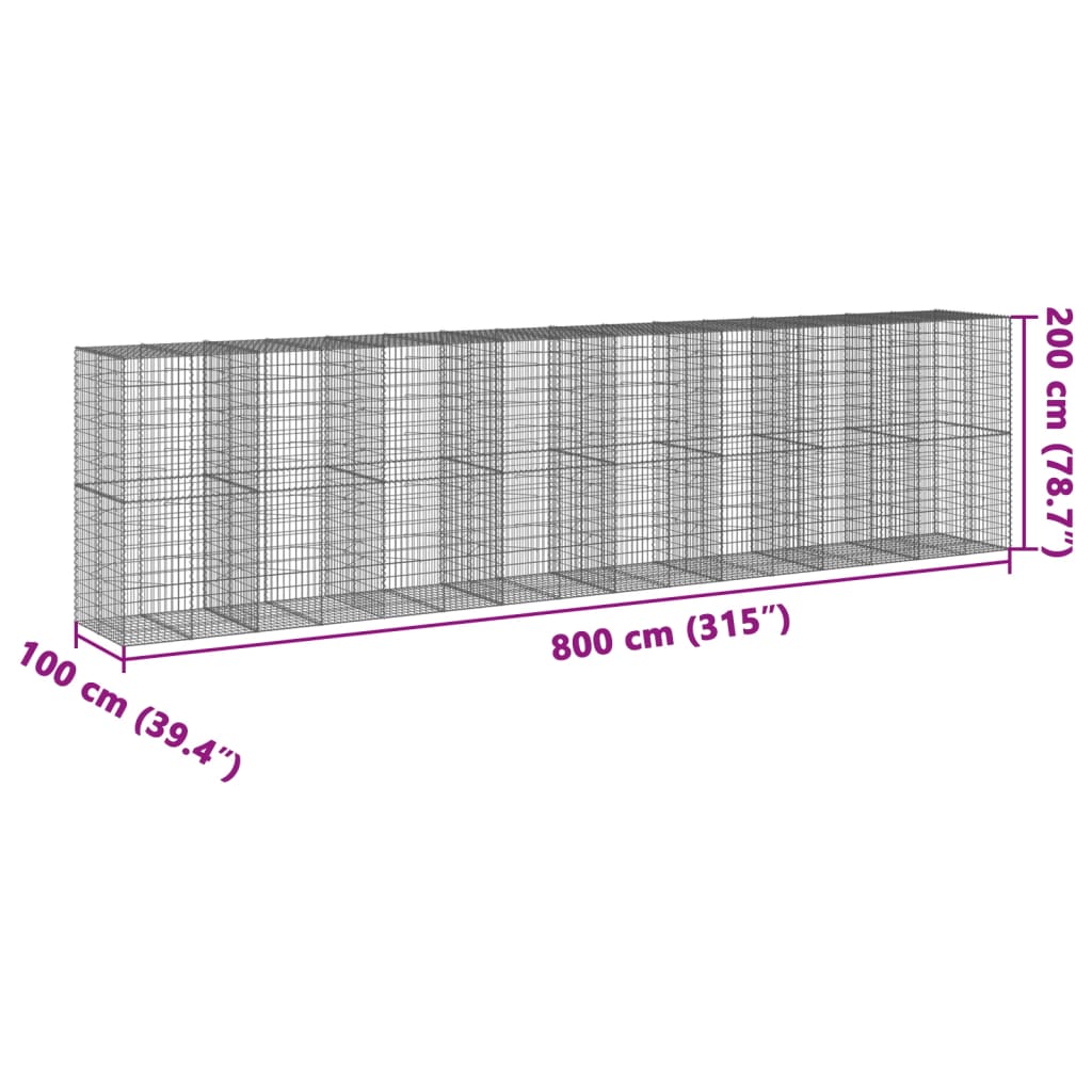 vidaXL Gabionska košara s poklopcem 800x100x200 cm pocinčano željezo