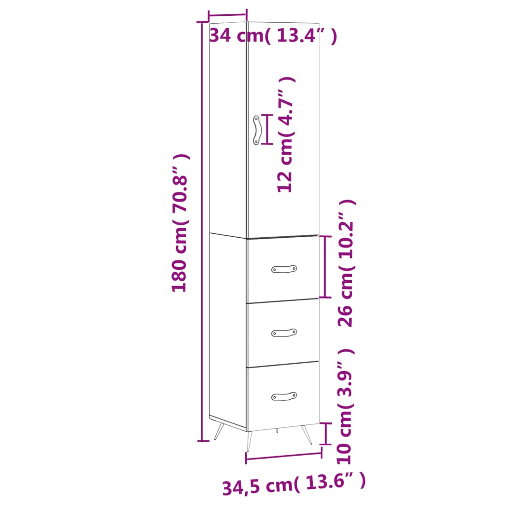 vidaXL Visoka komoda siva sonome 34,5x34x180 cm od konstruiranog drva