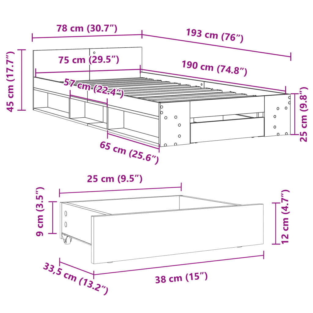 vidaXL Okvir kreveta s ladicom boja hrasta sonome 75x190 cm drveni