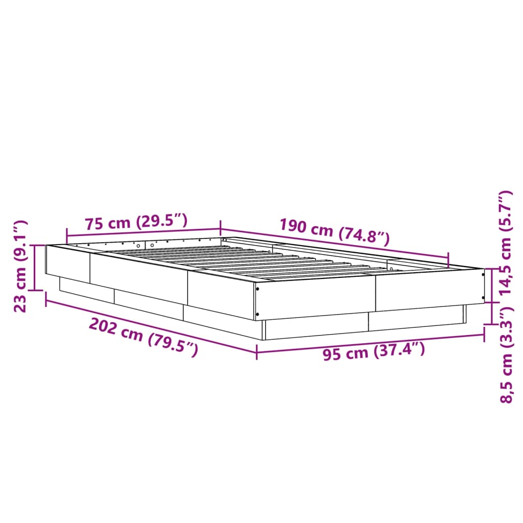 vidaXL Okvir krevet s LED svjetlima 75x190 cm od konstruiranog drva