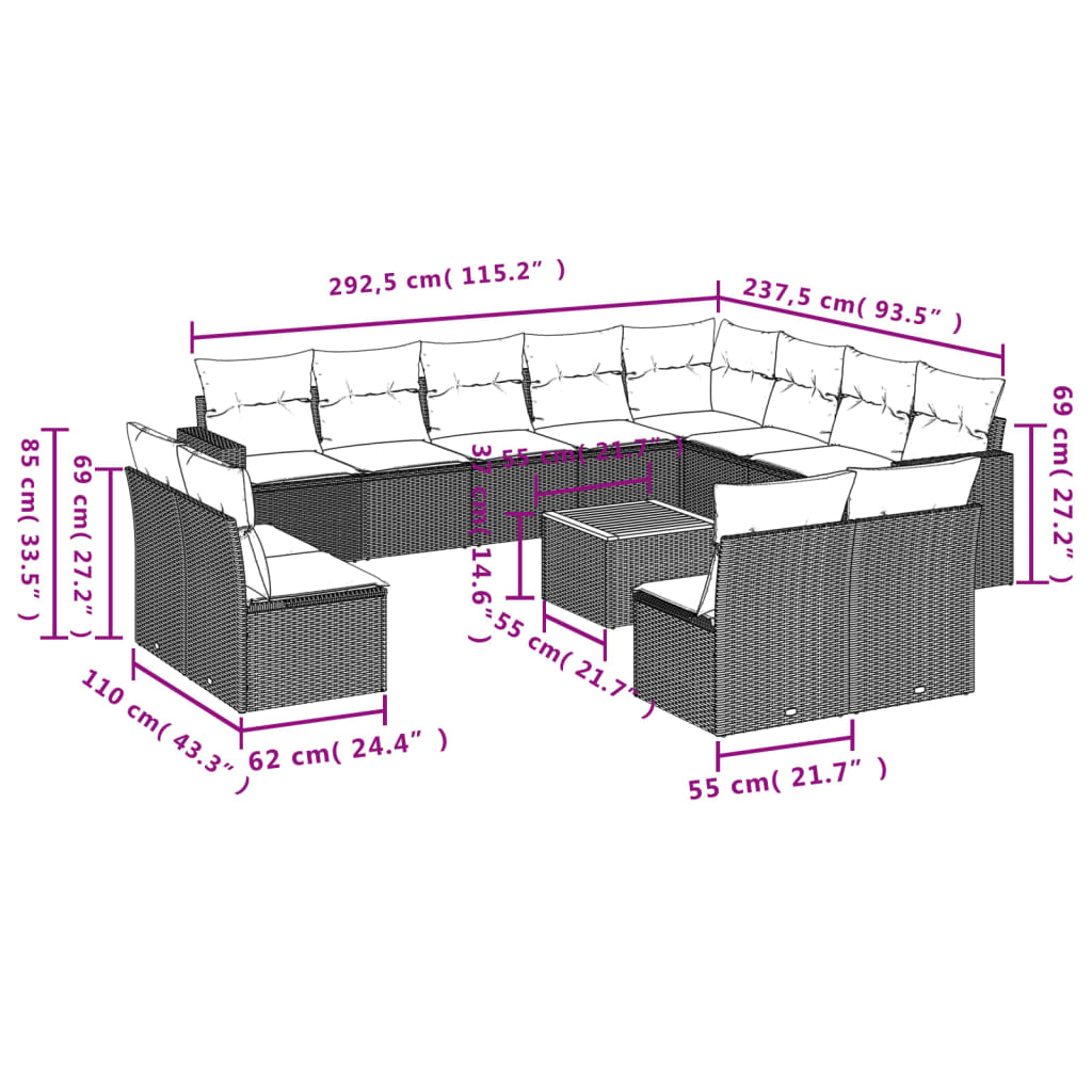 vidaXL 13-dijelni set vrtnih sofa s jastucima poliratan crni