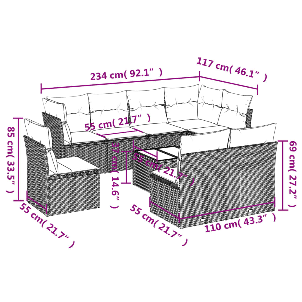 vidaXL 9-dijelni set vrtnih sofa s jastucima crni od poliratana