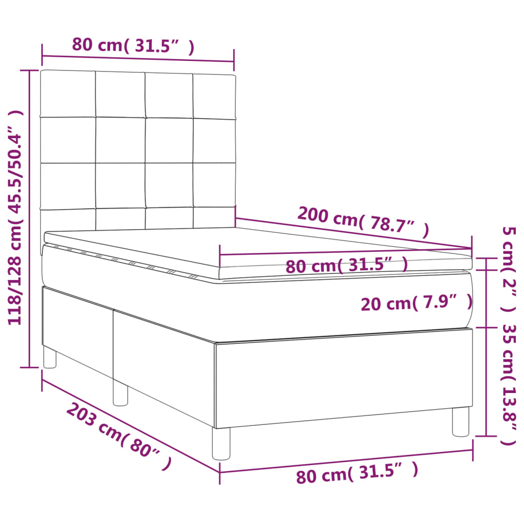 vidaXL Krevet box spring s madracem LED tamnosivi 80 x 200 cm tkanina