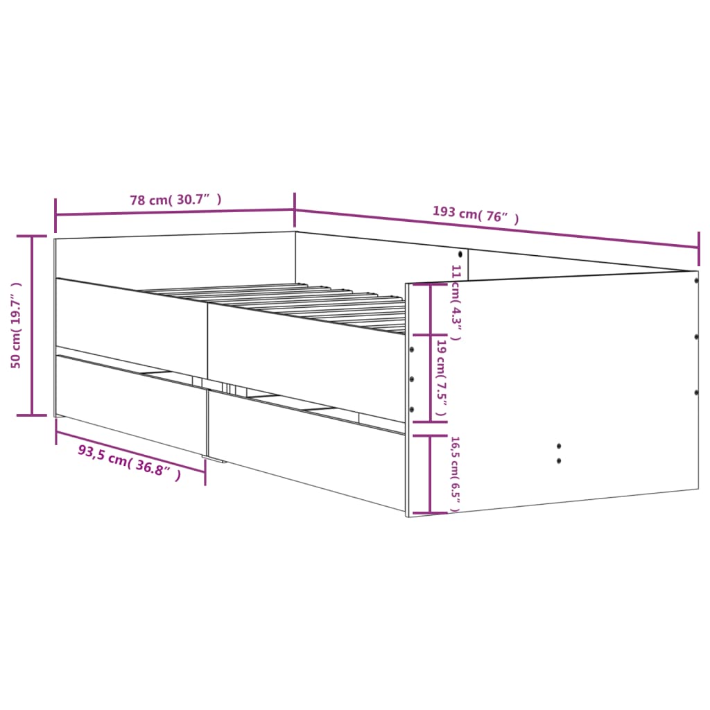 vidaXL Okvir kreveta s ladicama boja betona 75 x 190 cm za jednu osobu