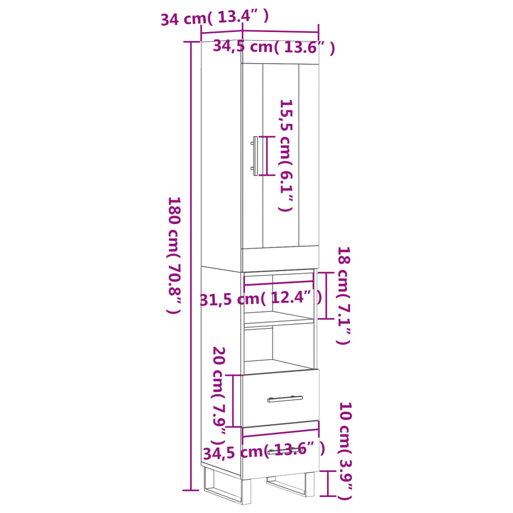 vidaXL Visoka komoda sjajna bijela 34,5x34x180 cm konstruirano drvo