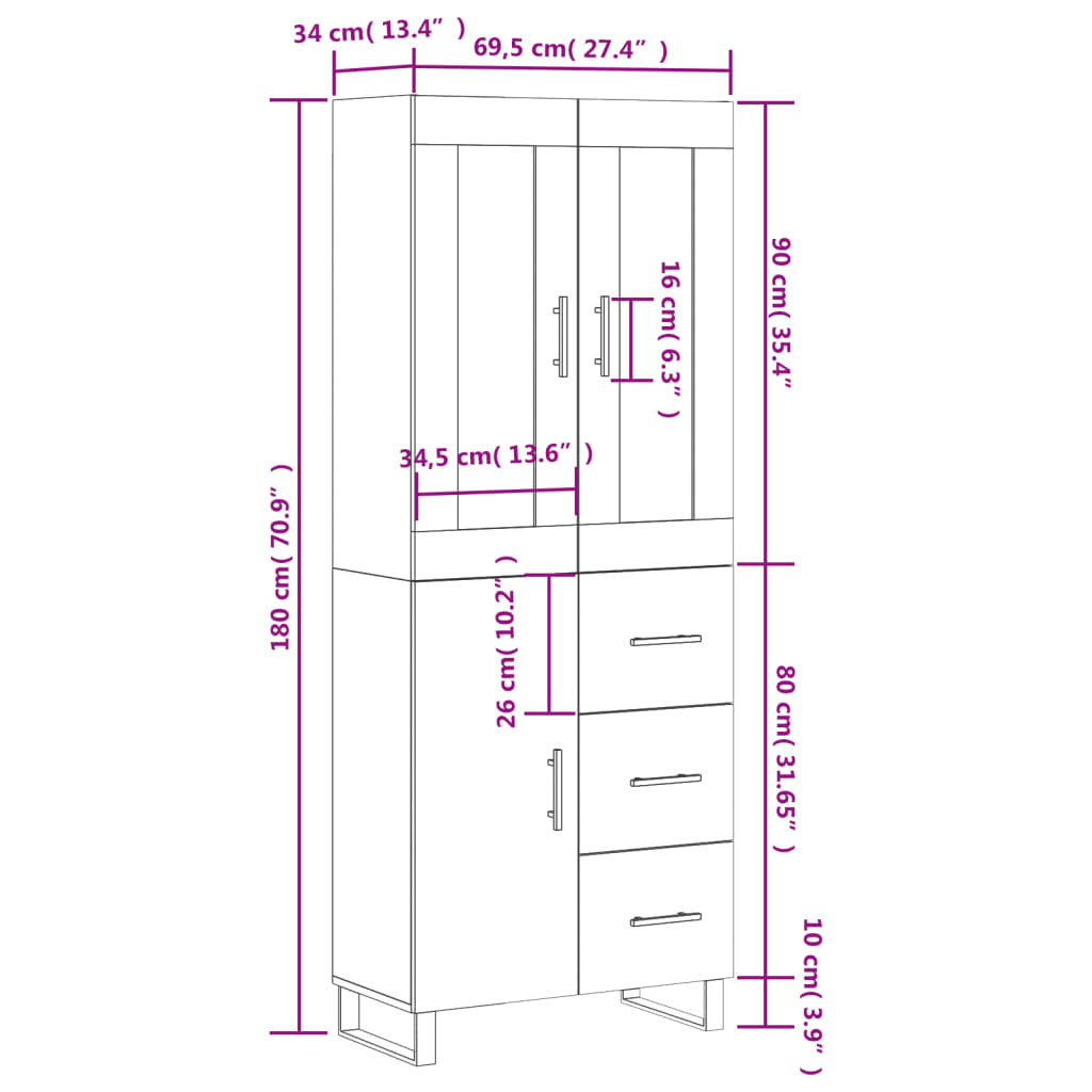 vidaXL Visoka komoda bijela 69,5x34x180 cm konstruirano drvo