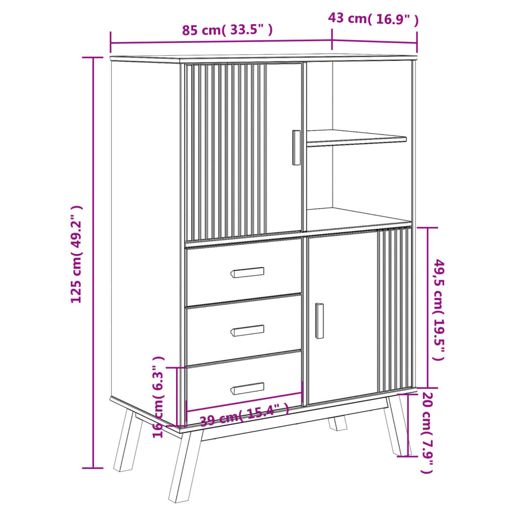 vidaXL Visoka komoda OLDEN sivo-smeđa 85 x 43 x 125 cm od borovine