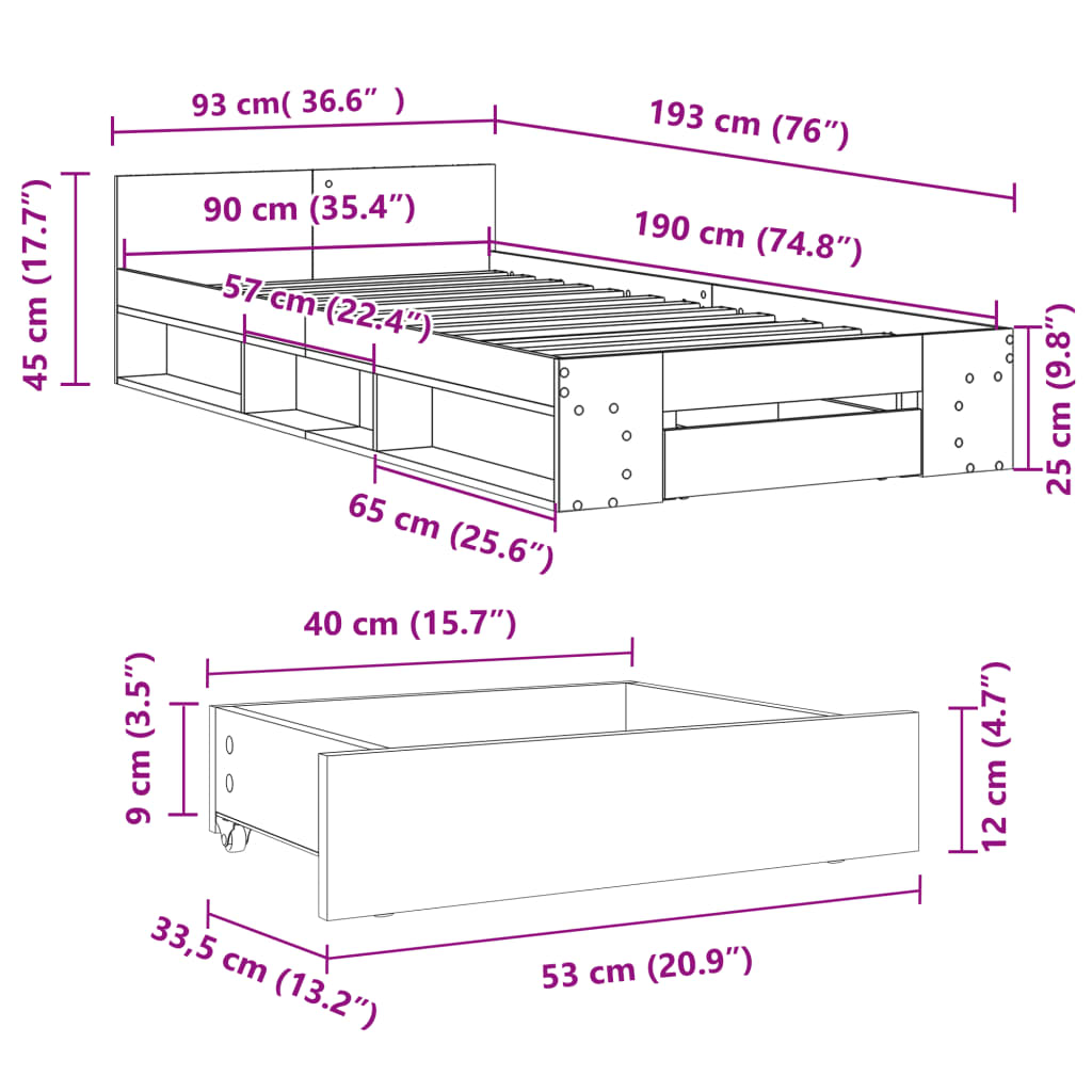 vidaXL Okvir za krevet s ladicom boja hrasta 90x190 cm drveni