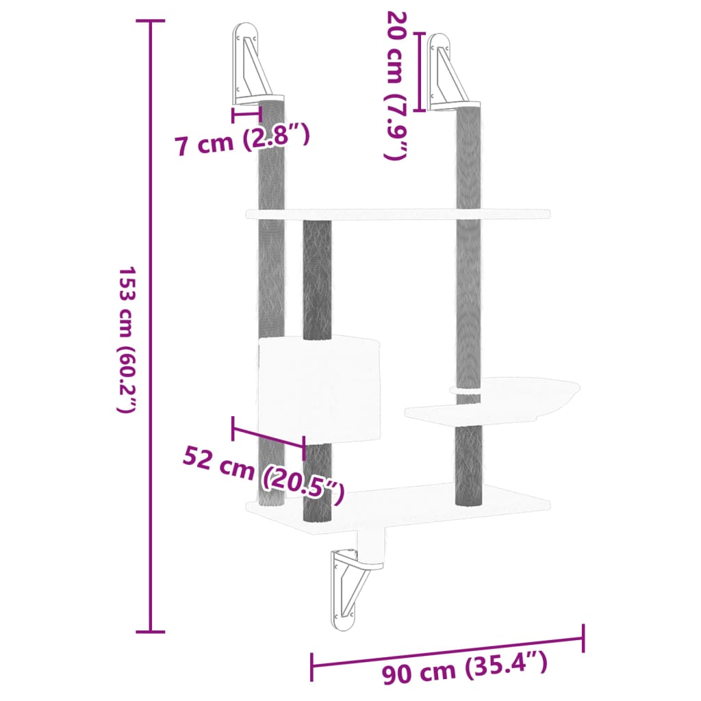 vidaXL Zidna penjalica za mačke sa stupom za grebanje siva 153 cm