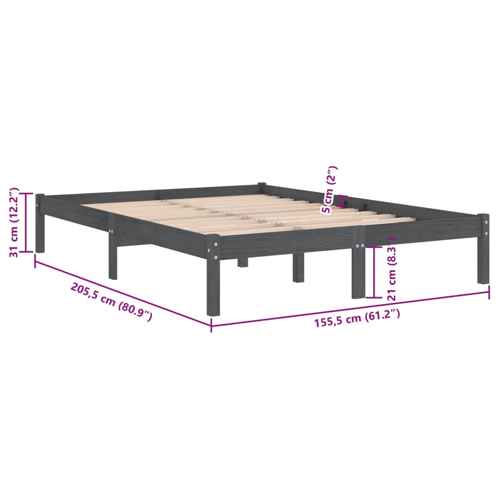 vidaXL Okvir za krevet od masivnog drva sivi 150 x 200 cm veliki