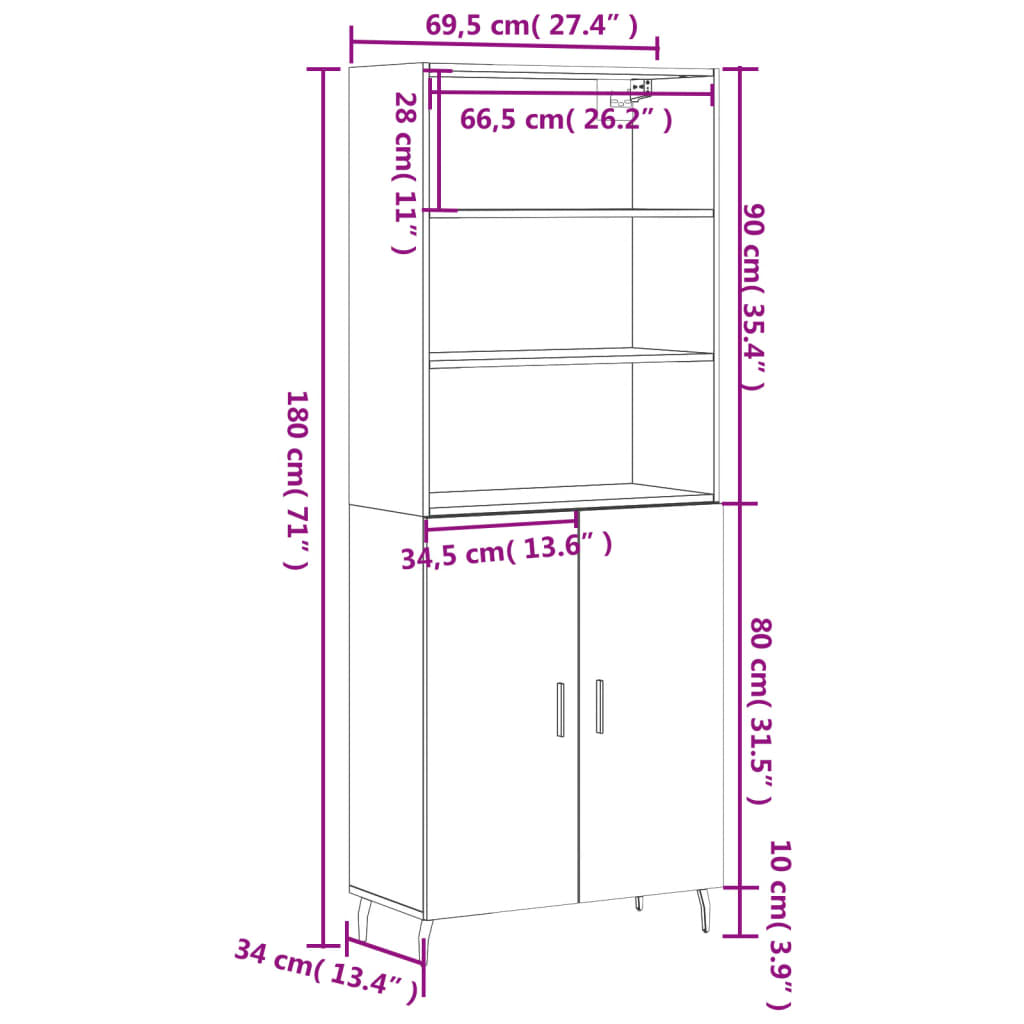 vidaXL Visoka komoda dimljeni hrast 69,5x34x180 cm konstruiranog drva