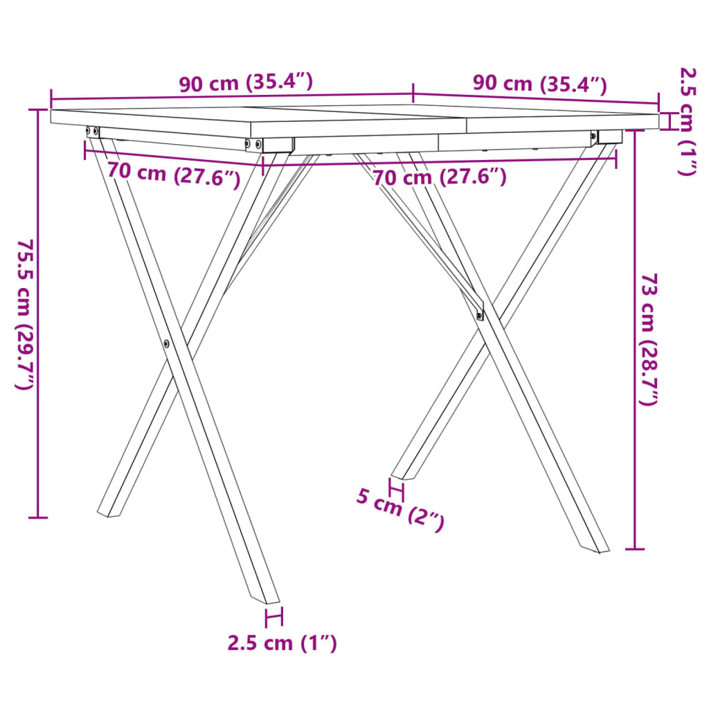 vidaXL Blagovaonski stol X-oblika 90x90x75,5 cm od borovine i željeza