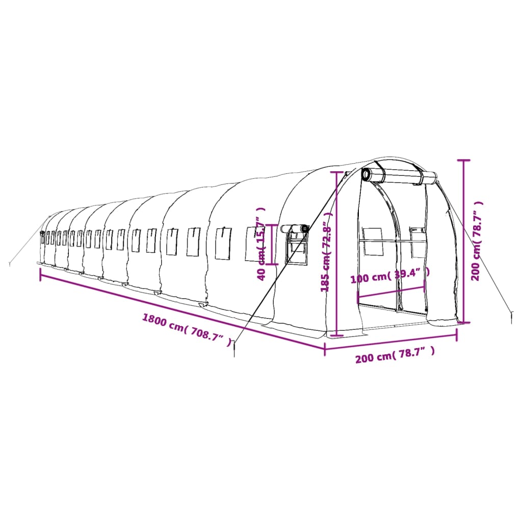 vidaXL Staklenik s čeličnim okvirom bijeli 36 m² 18 x 2 x 2 m