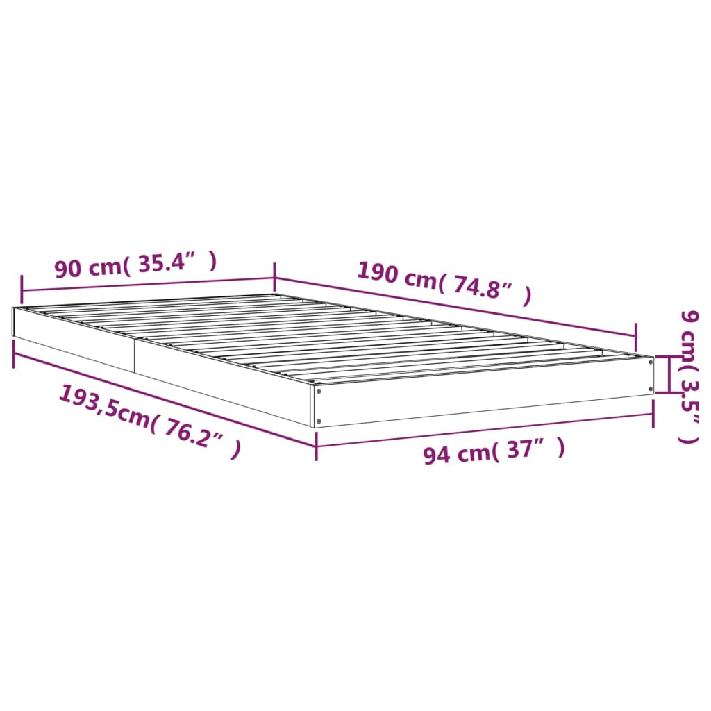 vidaXL Okvir kreveta za jednu osobu crni 90 x 190 cm masivna borovina