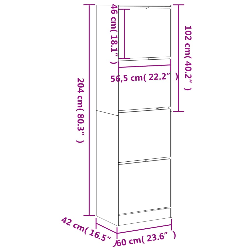 vidaXL Ormarić za cipele s 4 ladice siva boja betona 60x42x204 cm