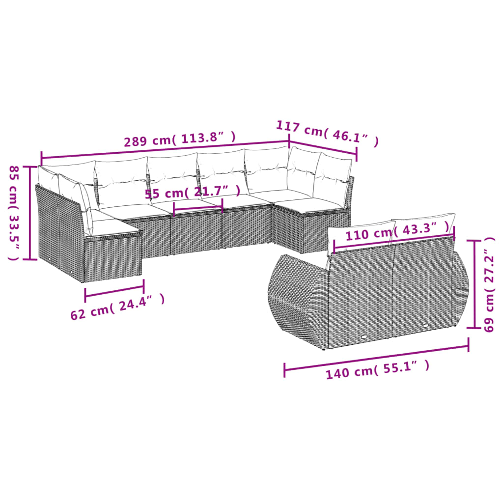 vidaXL 9-dijelni set vrtnih sofa s jastucima bež od poliratana