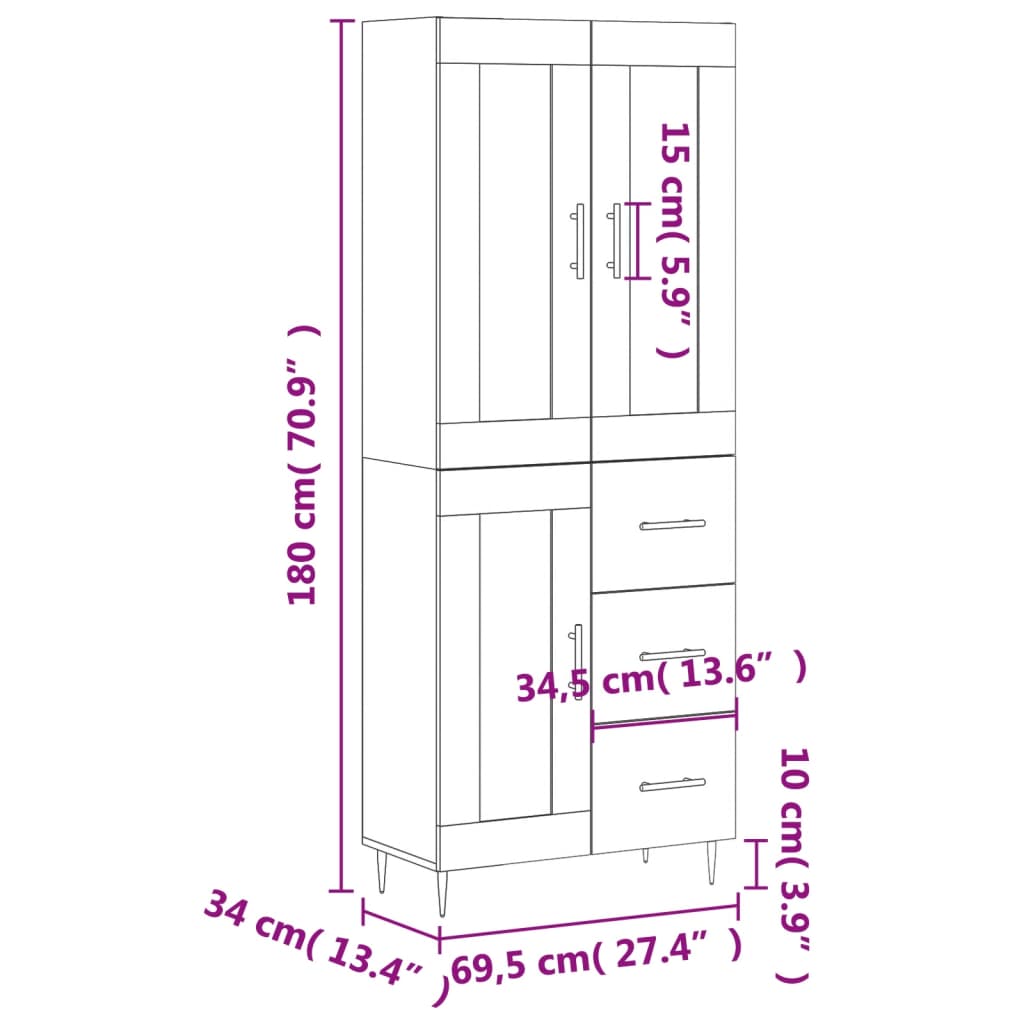 vidaXL Visoka komoda bijela 69,5x34x180 cm konstruirano drvo