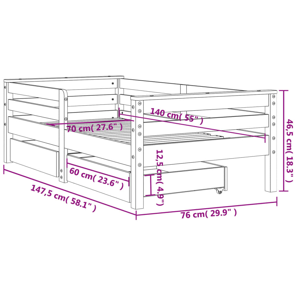 vidaXL Okvir za dječji krevet s ladicama bijeli 70x140 cm od borovine