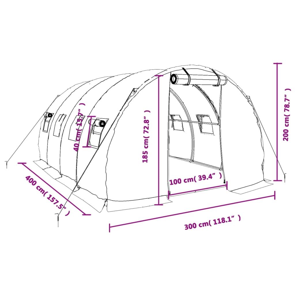 vidaXL Staklenik s čeličnim okvirom zeleni 12 m² 4 x 3 x 2 m