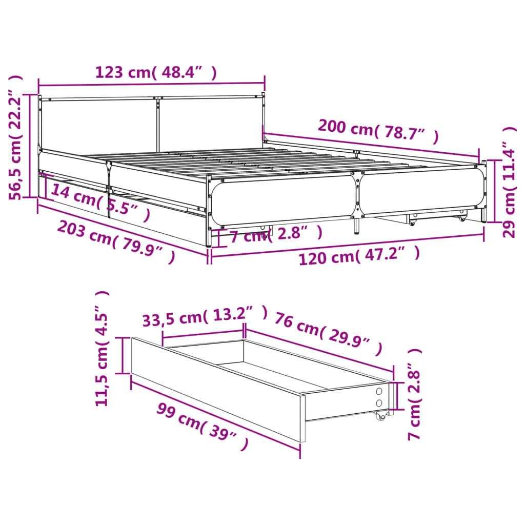 vidaXL Okvir kreveta s ladicama boja hrasta 120x200 cm