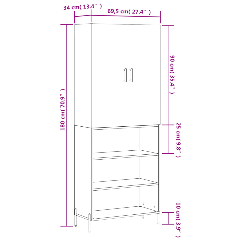 vidaXL Visoka komoda siva sonome 69,5x34x180 cm od konstruiranog drva