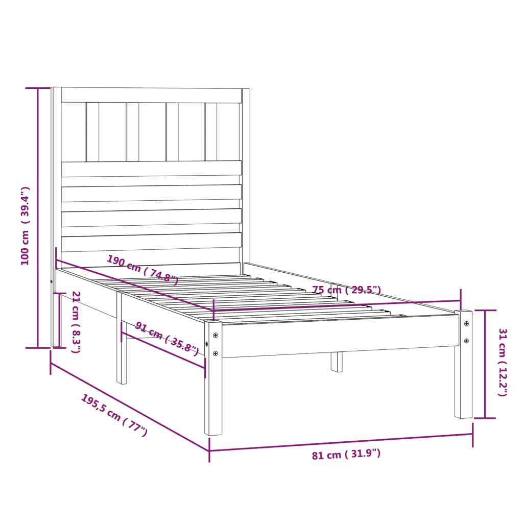 vidaXL Okvir za krevet boja meda od borovine 75 x 190 cm jednokrevetni