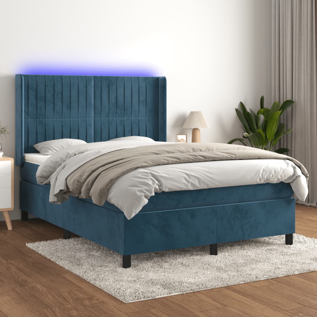 vidaXL Krevet box spring s madracem LED tamnoplavi 140x190 cm baršun