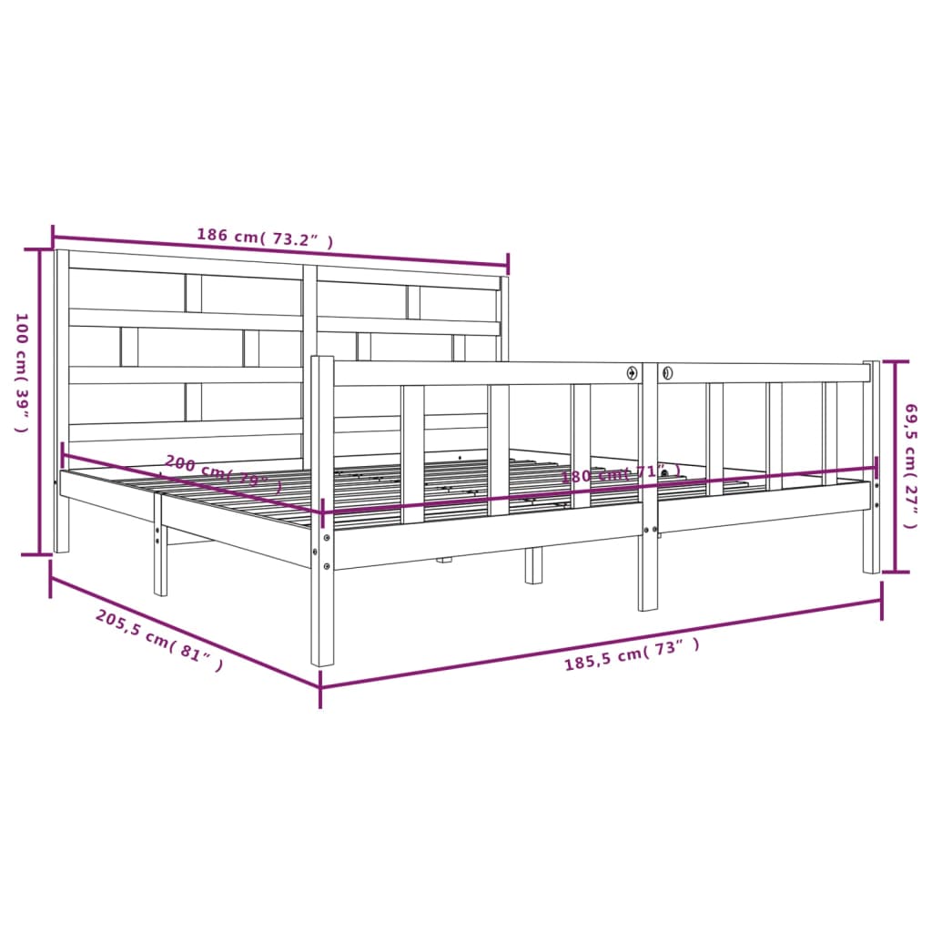 vidaXL Okvir za krevet od borovine bijeli 180 x 200 cm Super King