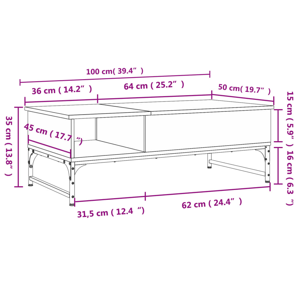 vidaXL Stolić za kavu boja hrasta 100 x 50 x 35 cm od drva i metala