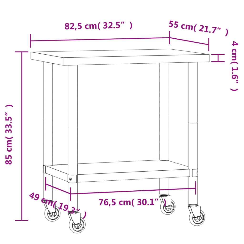 vidaXL Kuhinjski radni stol s kotačima 82,5x55x85 cm nehrđajući čelik