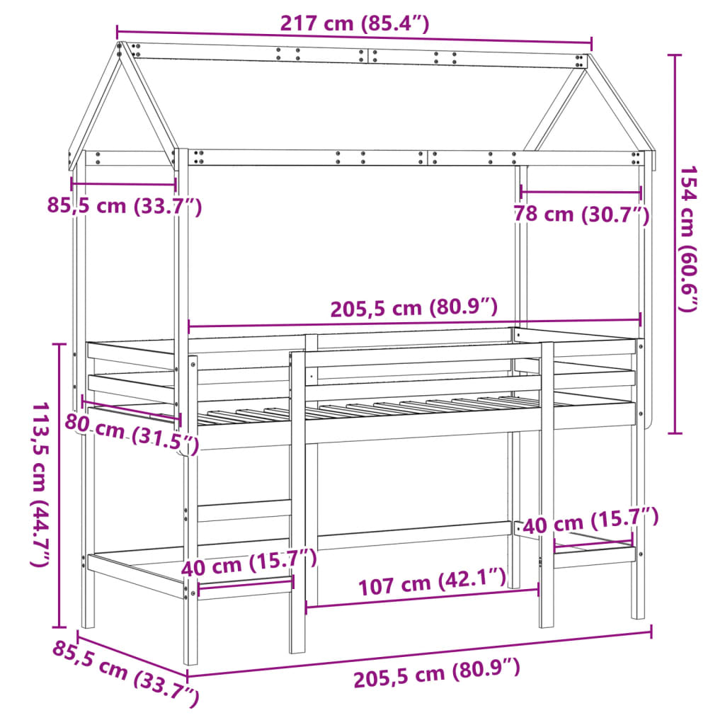 vidaXL Krevet na kat s ljestvama i krovom bijeli 80x200 cm od borovine