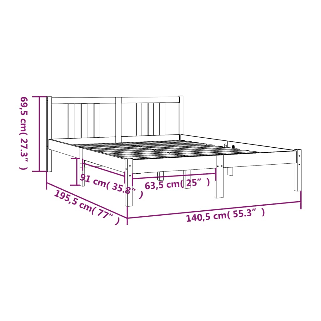 vidaXL Okvir za krevet od masivnog drva sivi 135x 190 cm 4FT6 bračni