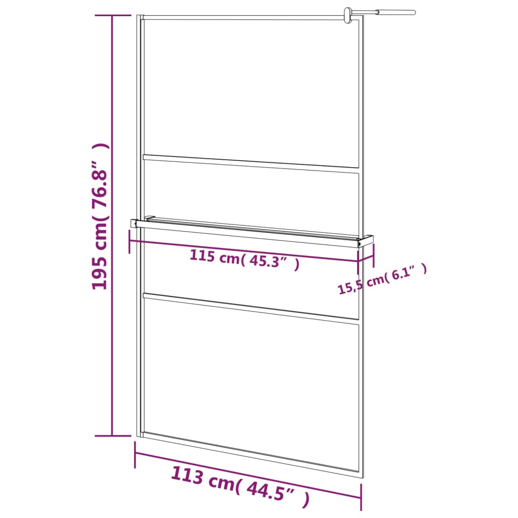 vidaXL Pregrada za tuš s policom crna 115x195 cm staklo ESG i aluminij